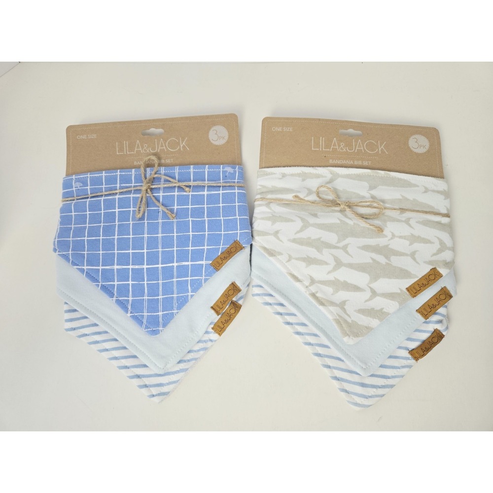 Lila & Jack Bandana Bib Set 3 pack x 2 bibs Blue Grey shark striped
